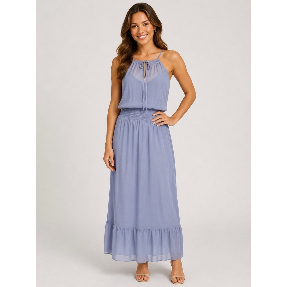 NWT Periwinkle Blue L Halter Maxi Dress Smocked Waist Ruffle Tiered‎ Chiffon